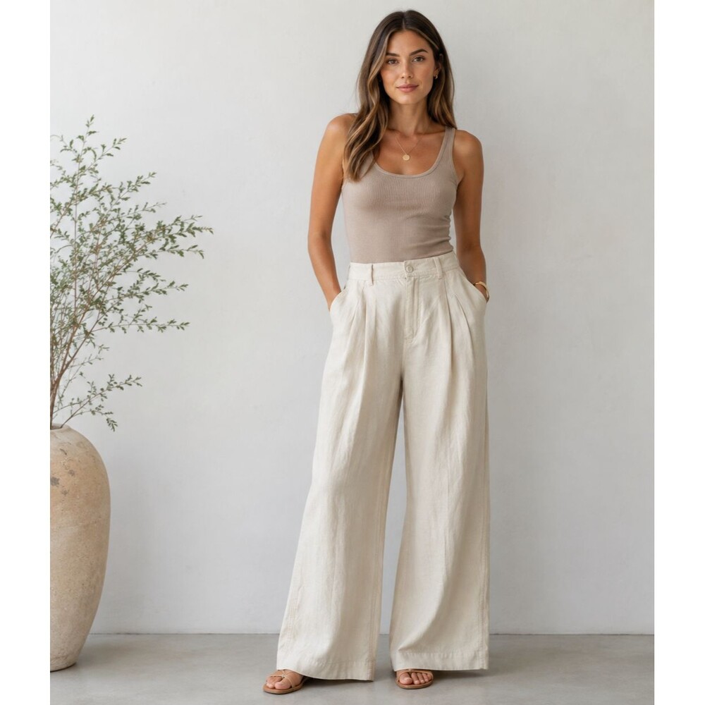Free People Womens 4 Wide Leg Linen Lyocell Pants Ivory Beige Pleated Trousers